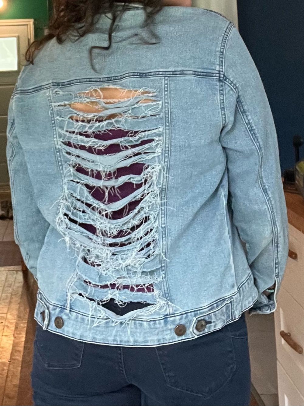 Light Blue Distressed Denim Jacket with Back Shred Detail